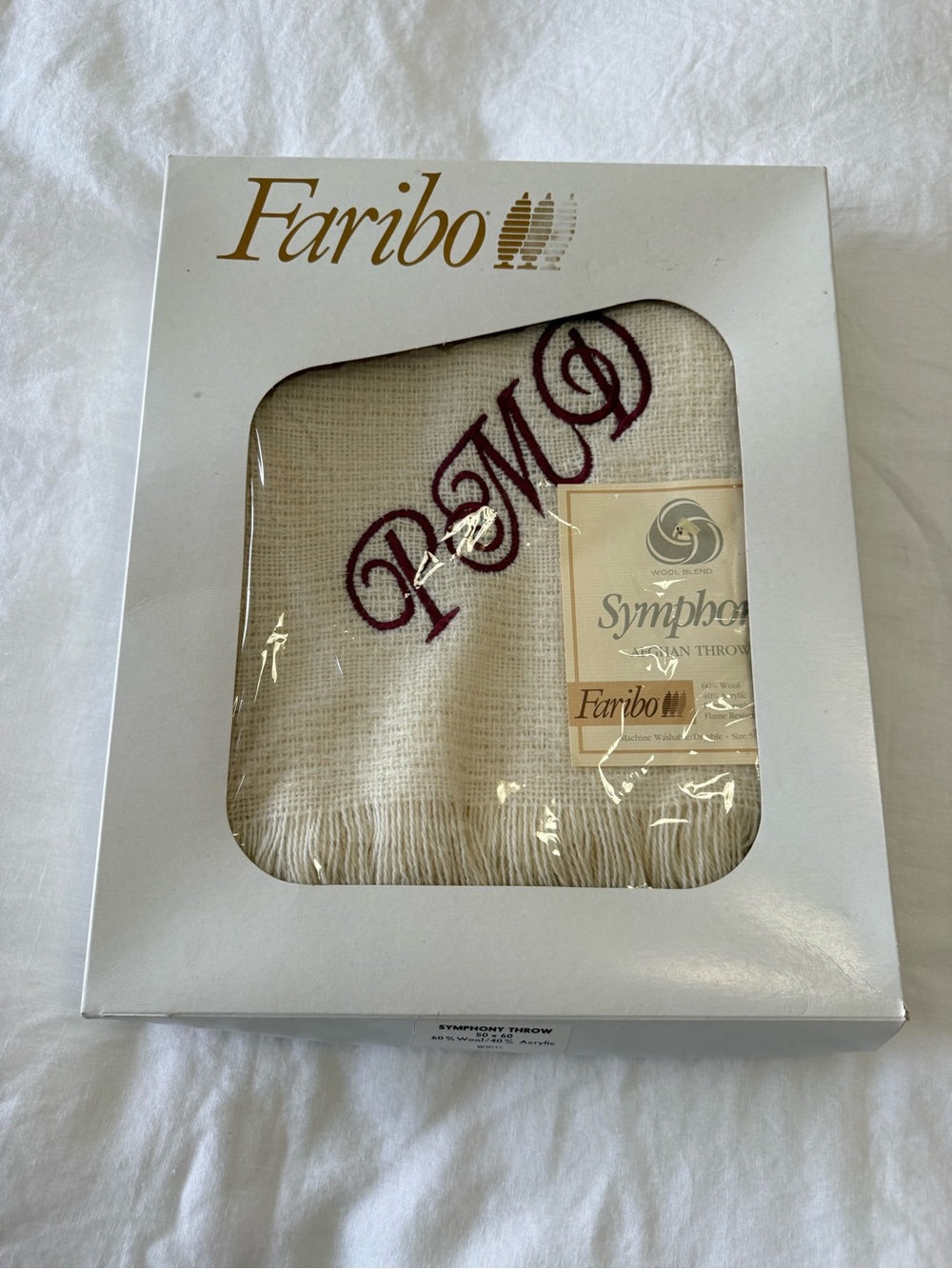 Faribo | VTG Symphony Ivory Fringed Throw | 50x60” Embroidered Initials “PMD”